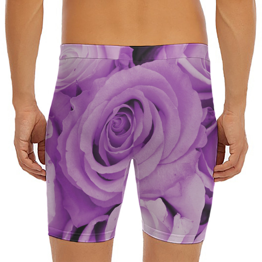 Purple Rose Print Men's Long Boxer Briefs