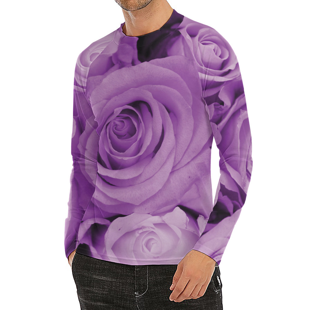 Purple Rose Print Men's Long Sleeve Rash Guard