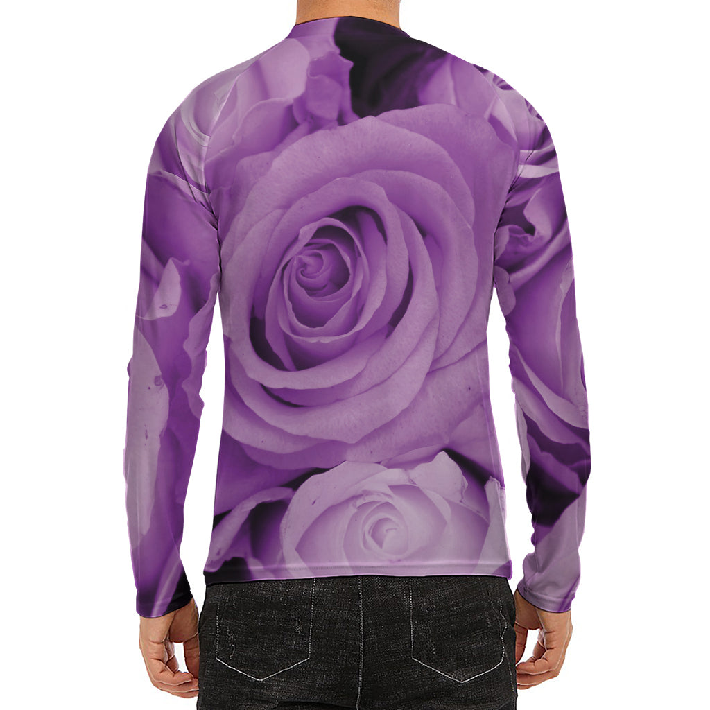 Purple Rose Print Men's Long Sleeve Rash Guard
