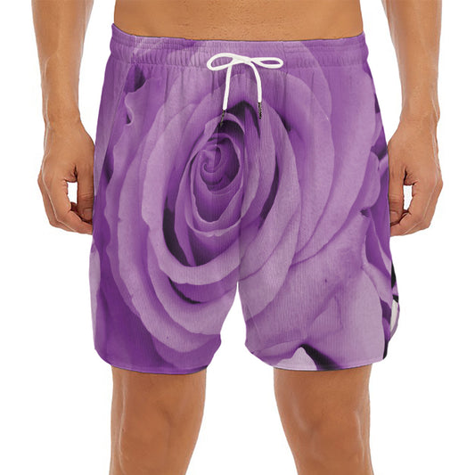 Purple Rose Print Men's Split Running Shorts