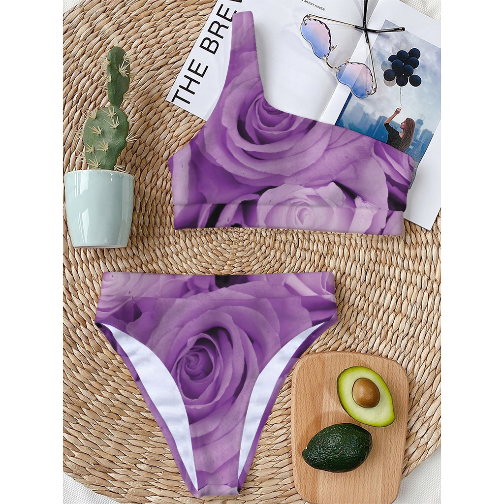 Purple Rose Print One Shoulder Bikini Top