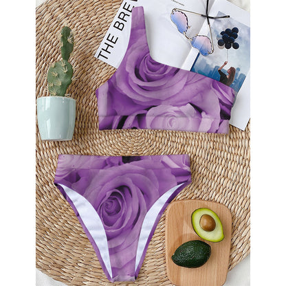 Purple Rose Print One Shoulder Bikini Top