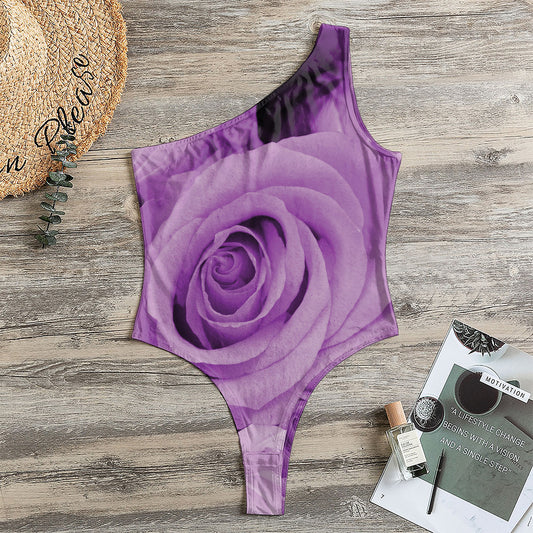 Purple Rose Print One Shoulder Bodysuit