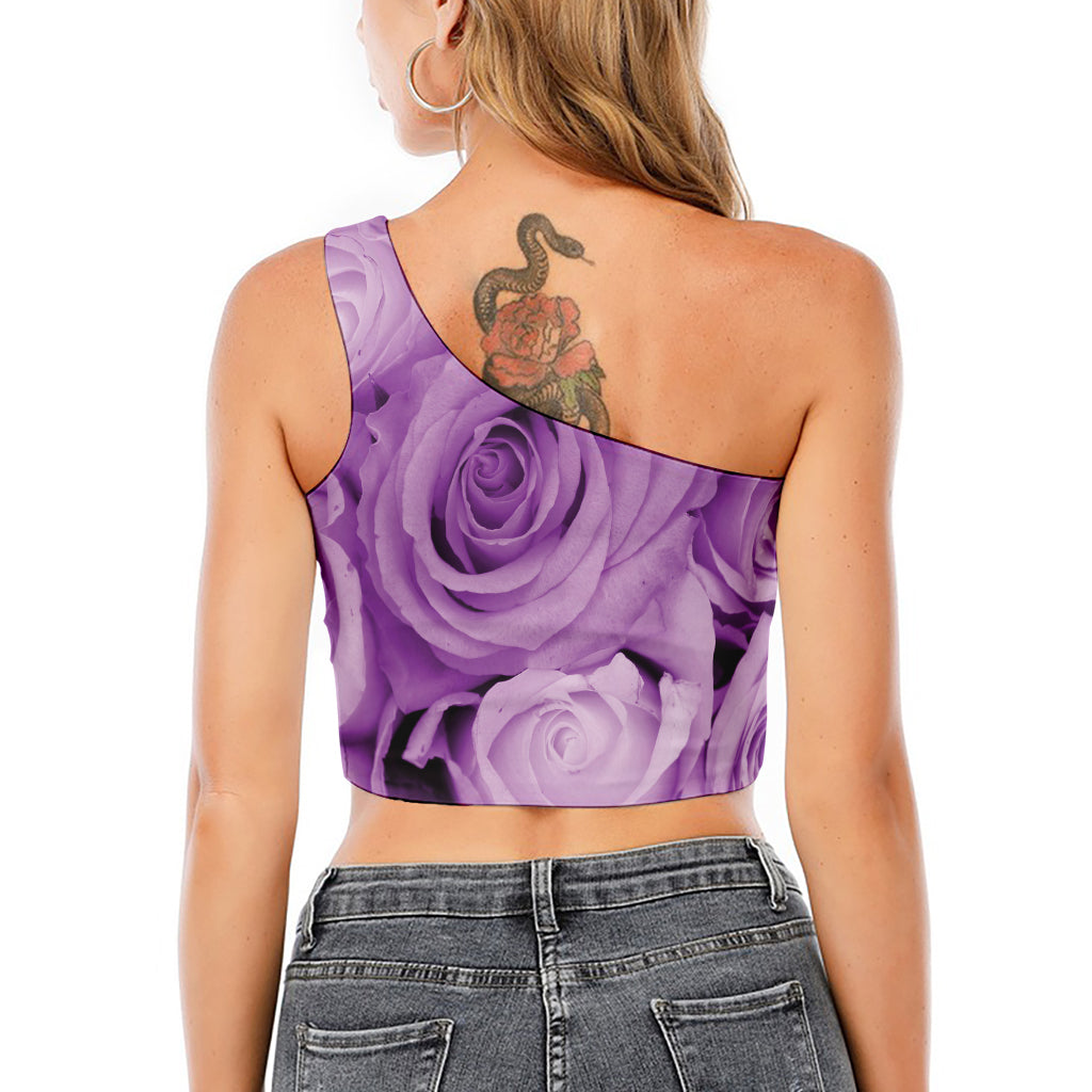 Purple Rose Print One Shoulder Crop Top