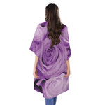 Purple Rose Print Open Front Beach Cover Up