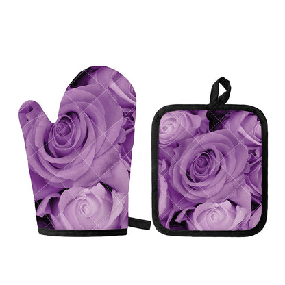 Purple Rose Print Oven Mitt And Pot Holder Set