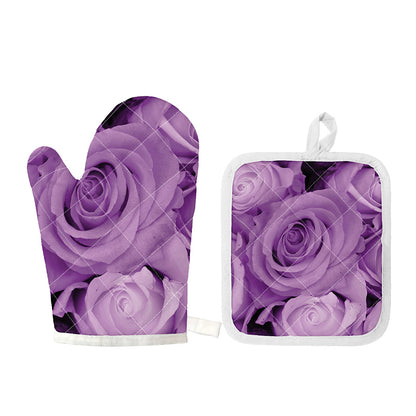 Purple Rose Print Oven Mitt And Pot Holder Set