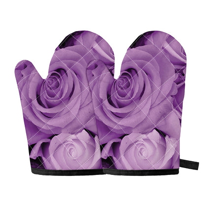 Purple Rose Print Oven Mitts