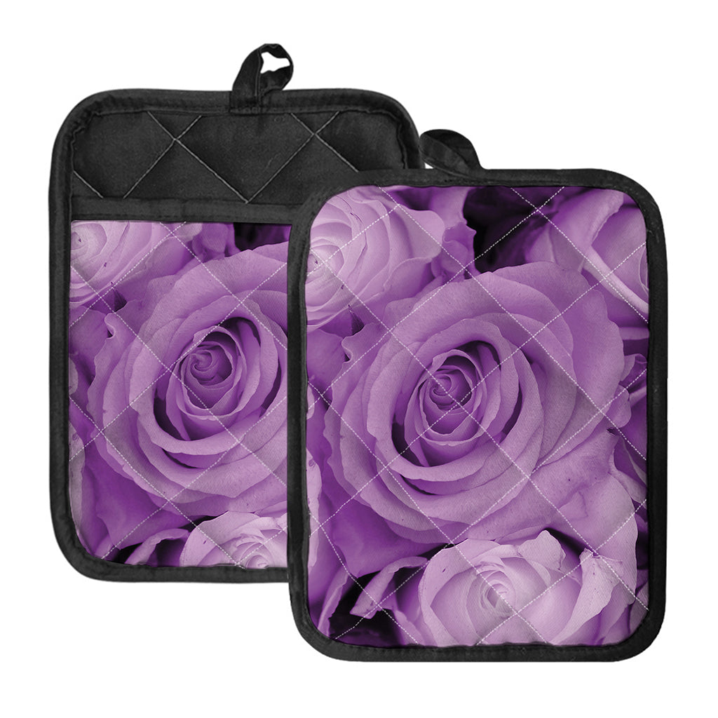 Purple Rose Print Pot Holders With Pocket
