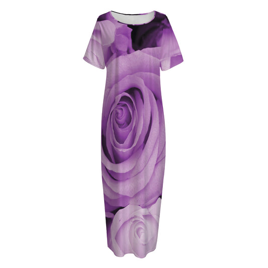 Purple Rose Print Short Sleeve Long Nightdress