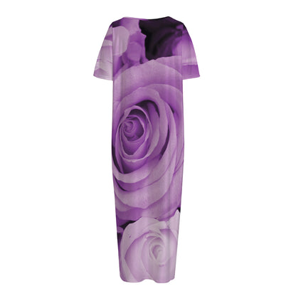 Purple Rose Print Short Sleeve Long Nightdress