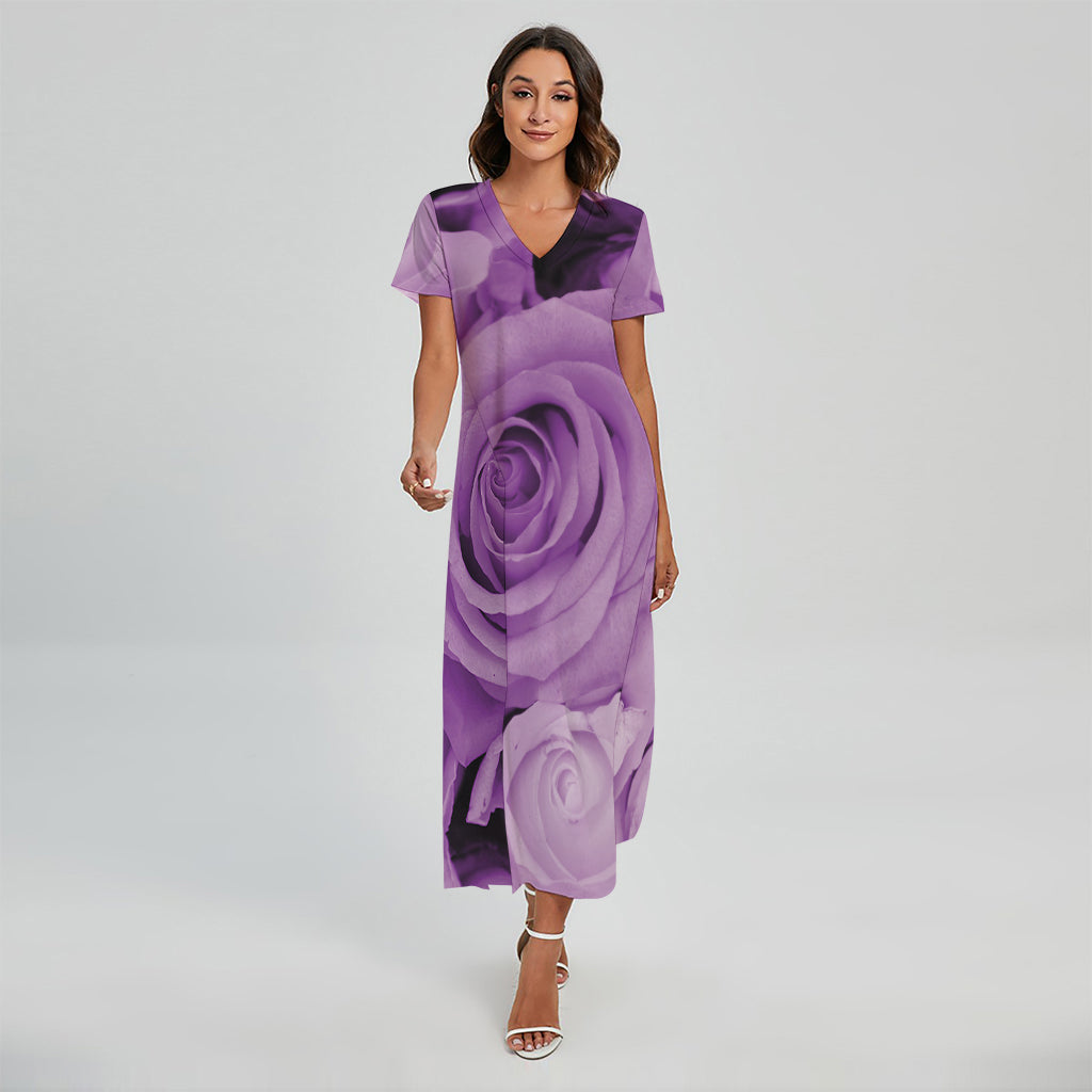 Purple Rose Print Short Sleeve Maxi Dress