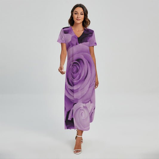Purple Rose Print Short Sleeve Maxi Dress