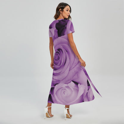 Purple Rose Print Short Sleeve Maxi Dress
