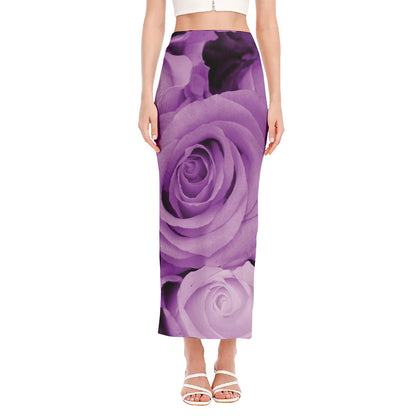 Purple Rose Print Side Slit Maxi Skirt