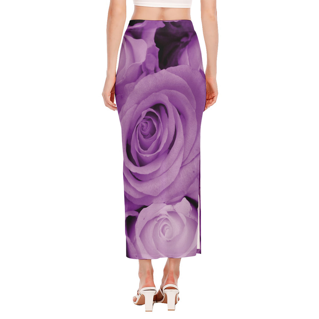 Purple Rose Print Side Slit Maxi Skirt