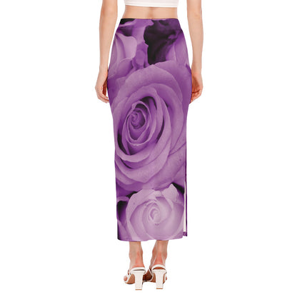 Purple Rose Print Side Slit Maxi Skirt