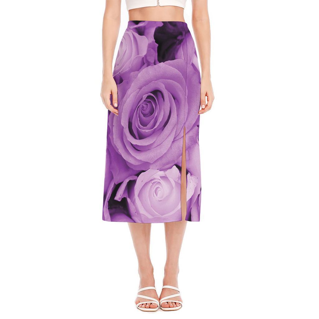 Purple Rose Print Side Slit Midi Skirt