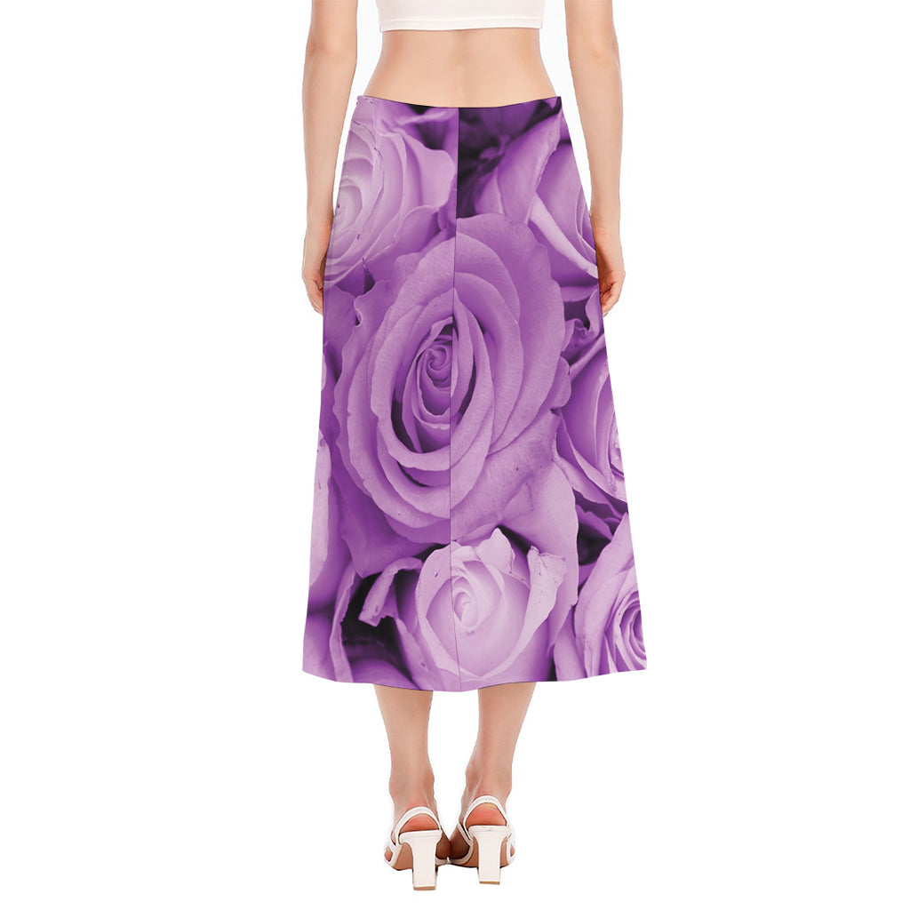 Purple Rose Print Side Slit Midi Skirt