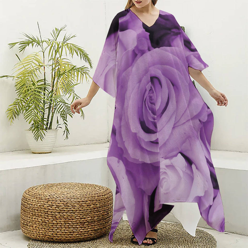Purple Rose Print Silk V-Neck Kaftan Dress