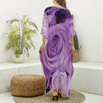 Purple Rose Print Silk V-Neck Kaftan Dress