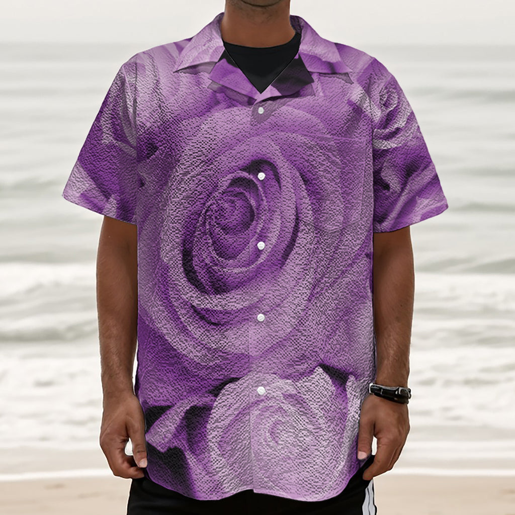 Purple Rose Print Textured Short Sleeve Shirt
