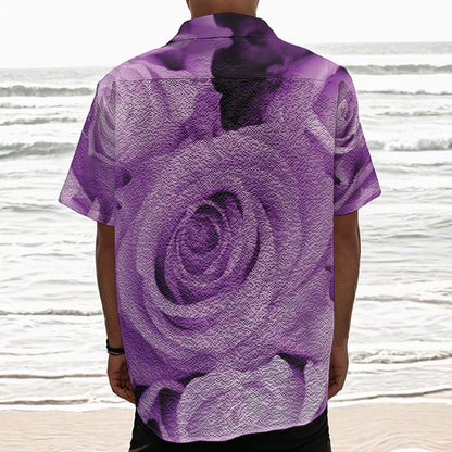 Purple Rose Print Textured Short Sleeve Shirt