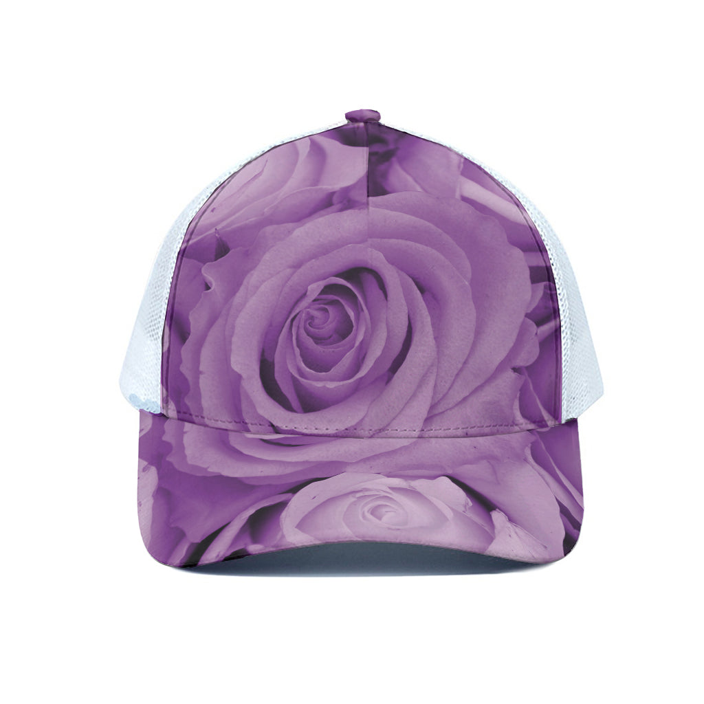 Purple Rose Print White Mesh Trucker Cap