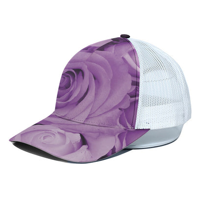 Purple Rose Print White Mesh Trucker Cap