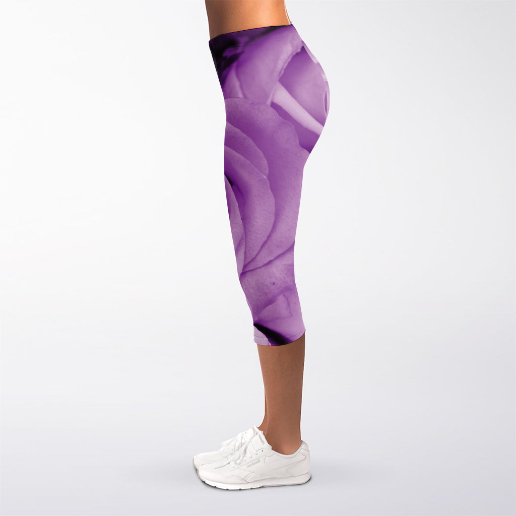 Purple Rose Print Women's Capri Leggings