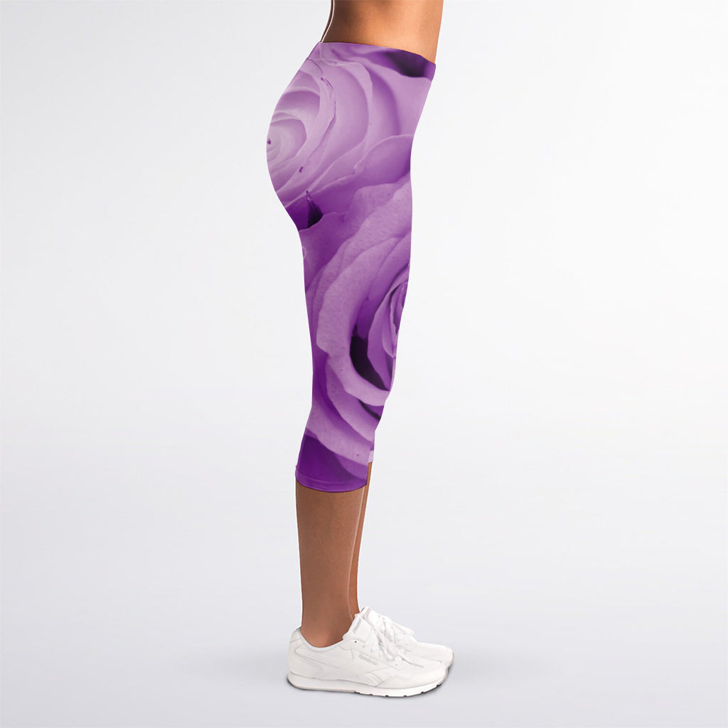 Purple Rose Print Women's Capri Leggings