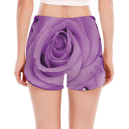 Purple Rose Print Women's Split Running Shorts