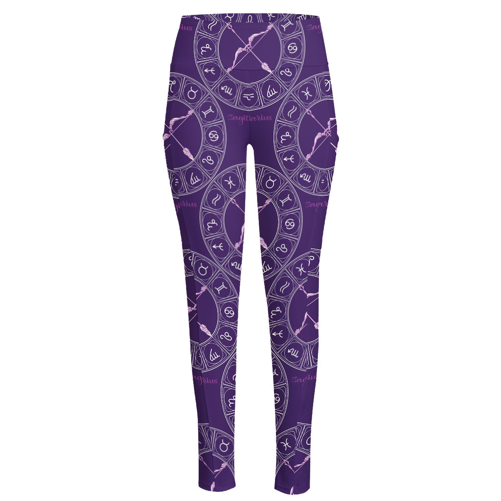 Purple Sagittarius Zodiac Pattern Print High-Waisted Pocket Leggings