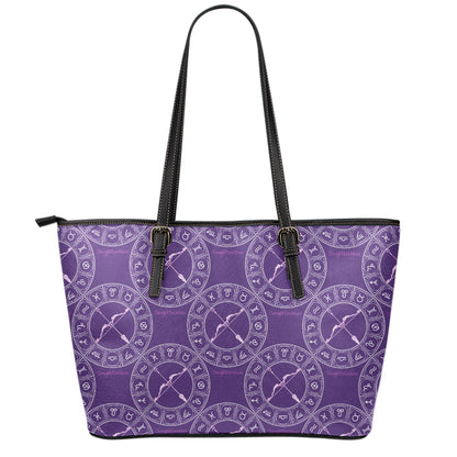 Purple Sagittarius Zodiac Pattern Print Leather Tote Bag