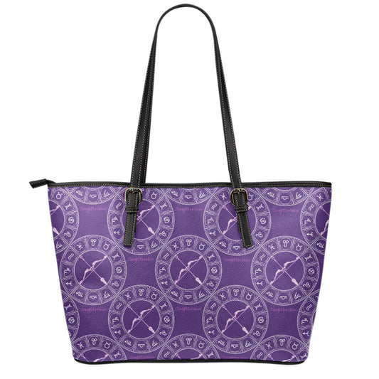 Purple Sagittarius Zodiac Pattern Print Leather Tote Bag