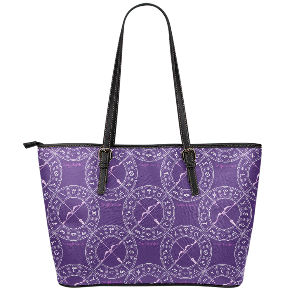 Purple Sagittarius Zodiac Pattern Print Leather Tote Bag