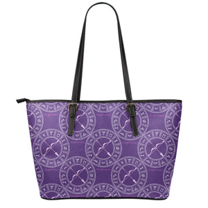 Purple Sagittarius Zodiac Pattern Print Leather Tote Bag