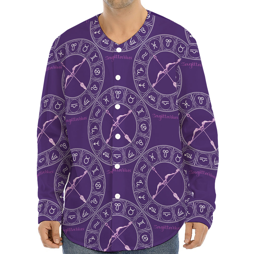 Purple Sagittarius Zodiac Pattern Print Long Sleeve Baseball Jersey