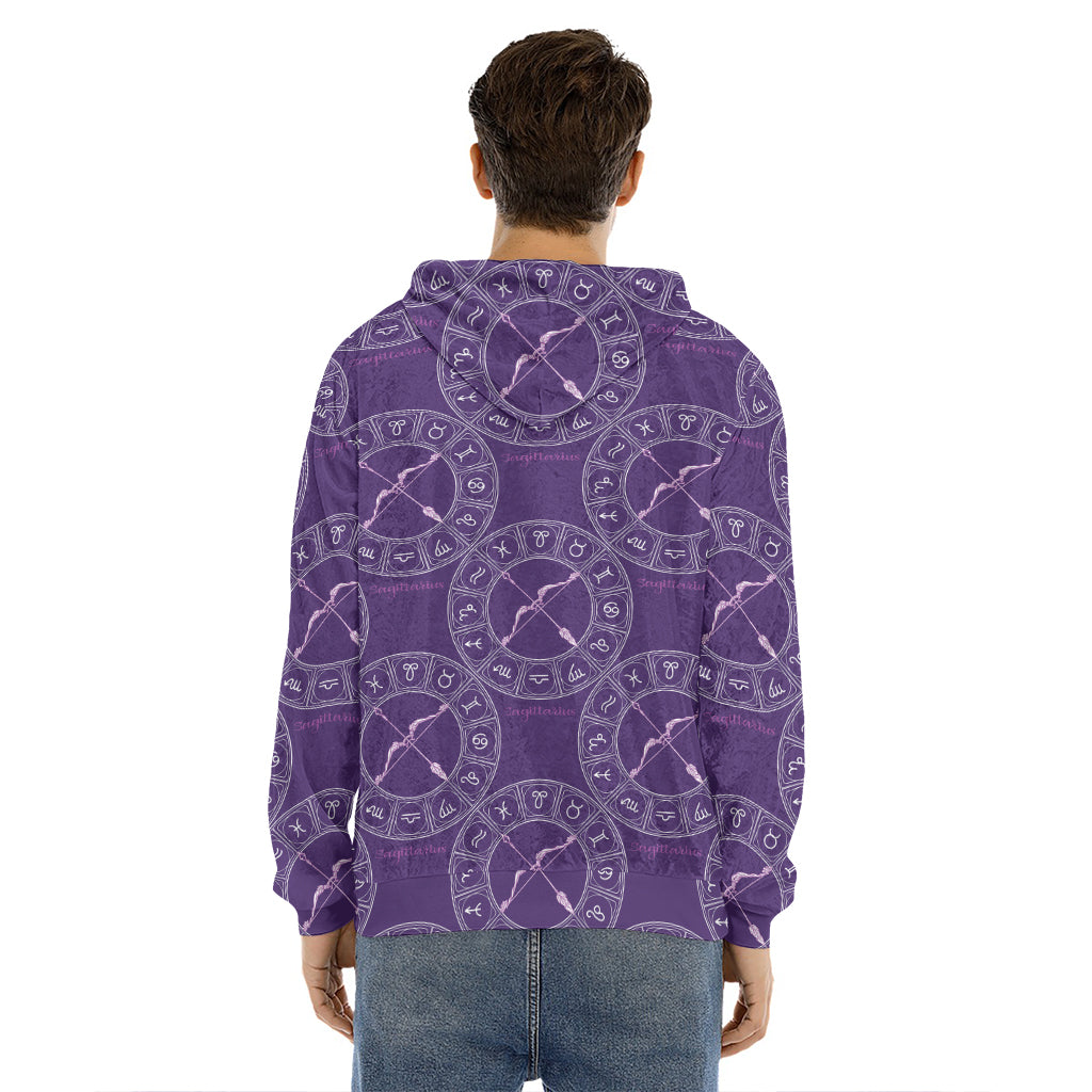 Purple Sagittarius Zodiac Pattern Print Men's Velvet Pullover Hoodie