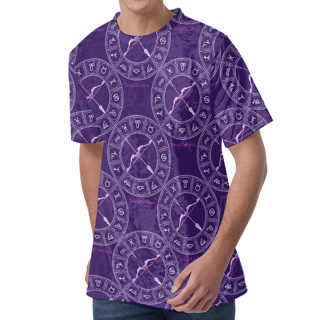 Purple Sagittarius Zodiac Pattern Print Men's Velvet T-Shirt