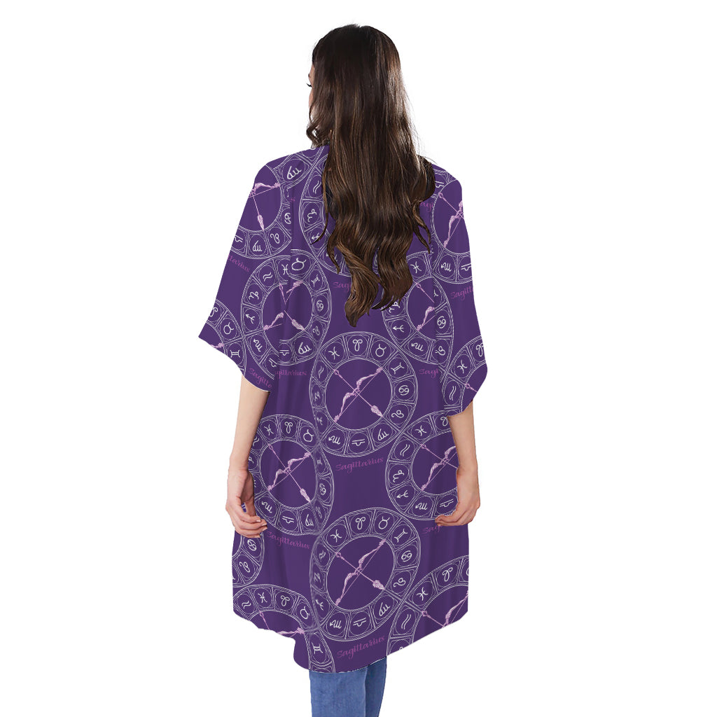 Purple Sagittarius Zodiac Pattern Print Open Front Beach Cover Up