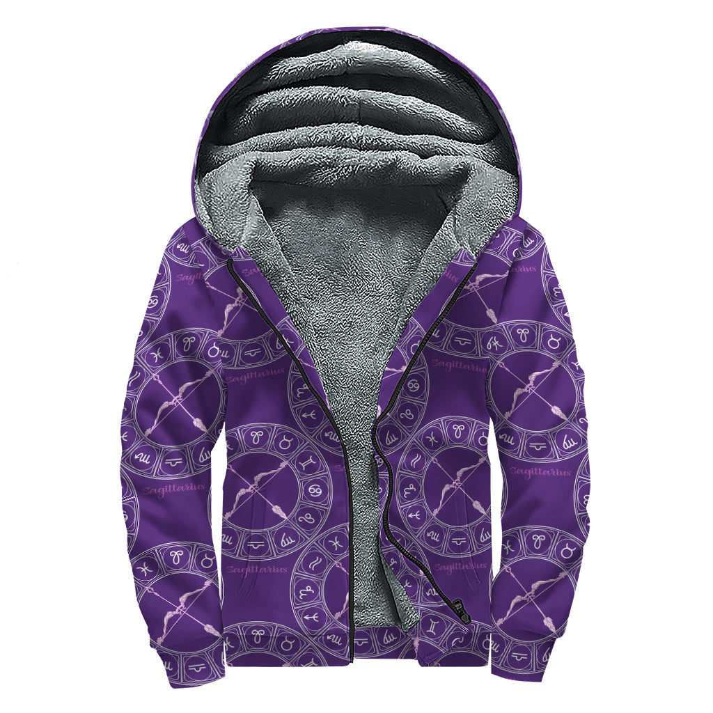 Purple Sagittarius Zodiac Pattern Print Sherpa Lined Zip Up Hoodie