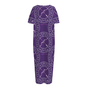 Purple Sagittarius Zodiac Pattern Print Short Sleeve Long Nightdress