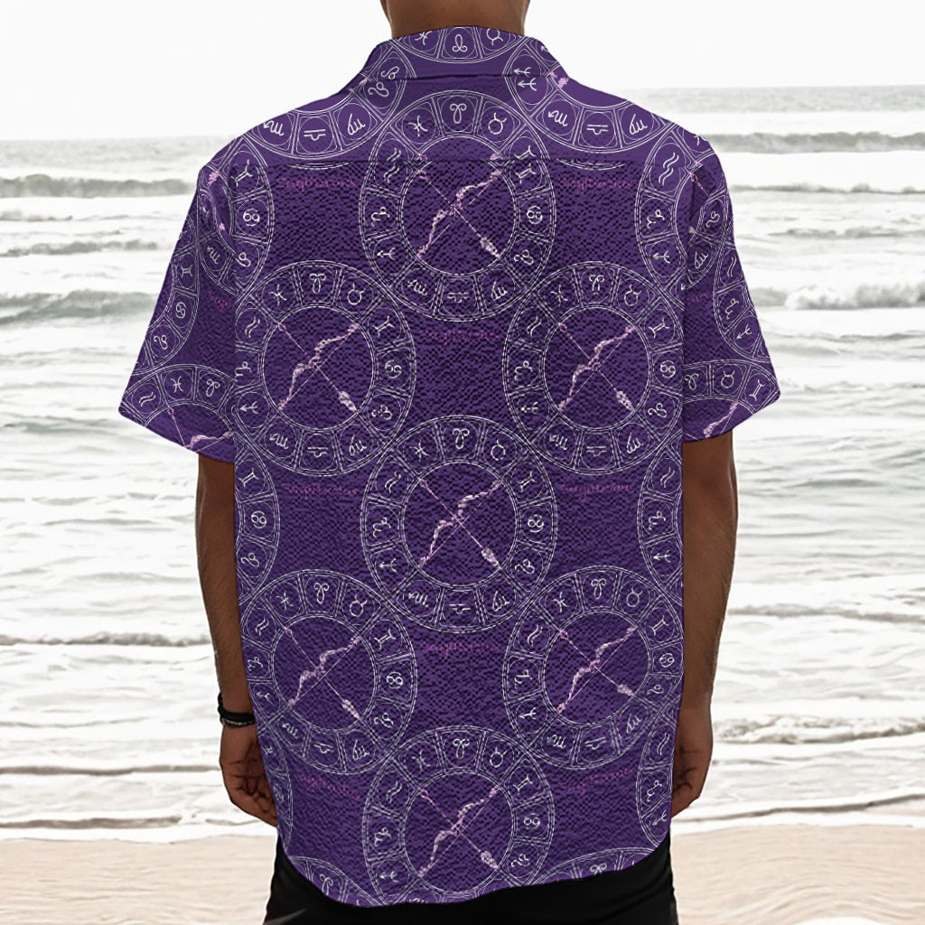 Purple Sagittarius Zodiac Pattern Print Textured Short Sleeve Shirt