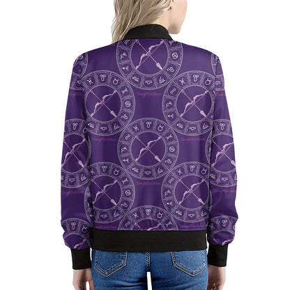 Purple Sagittarius Zodiac Pattern Print Women's Bomber Jacket