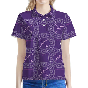 Purple Sagittarius Zodiac Pattern Print Women's Polo Shirt