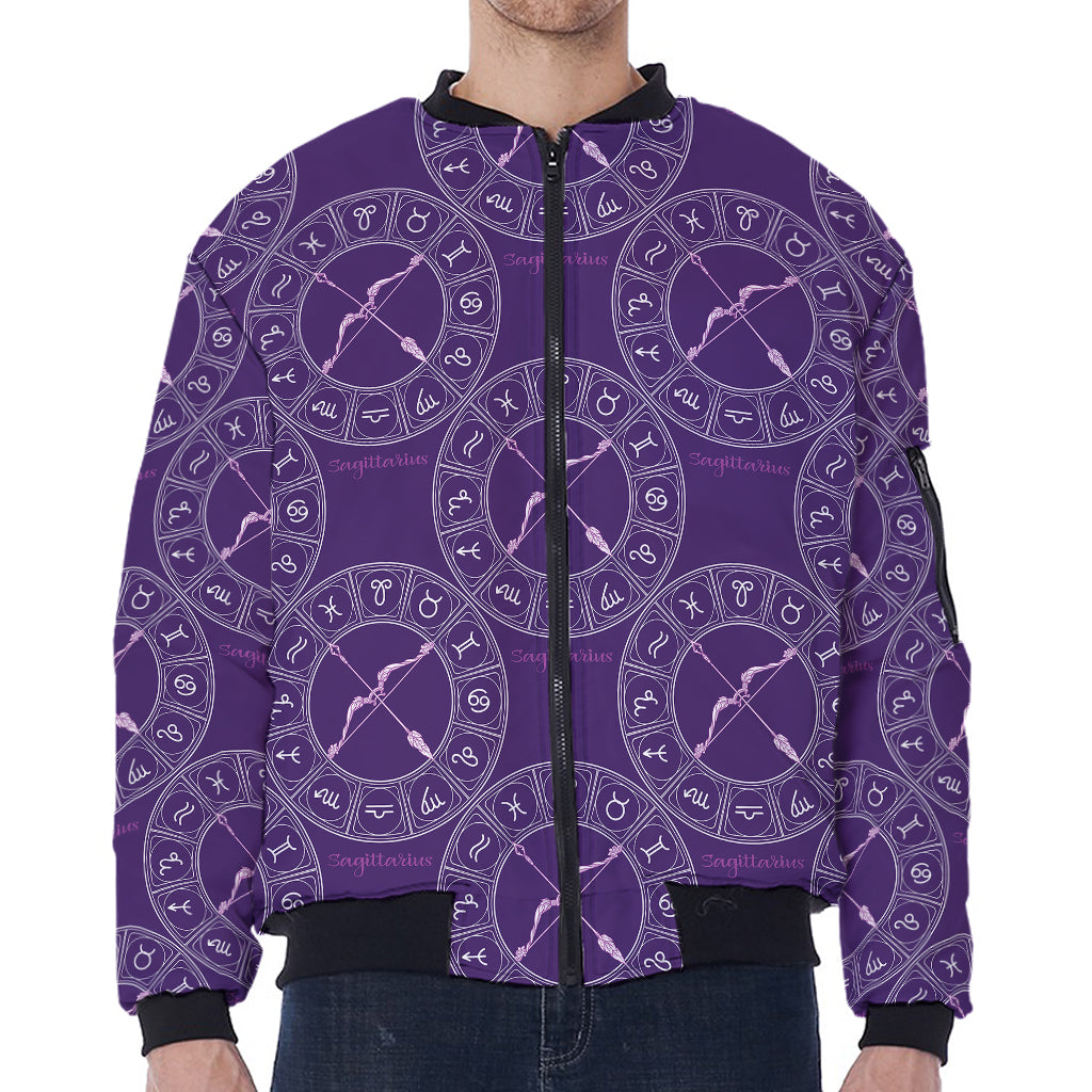 Purple Sagittarius Zodiac Pattern Print Zip Sleeve Bomber Jacket