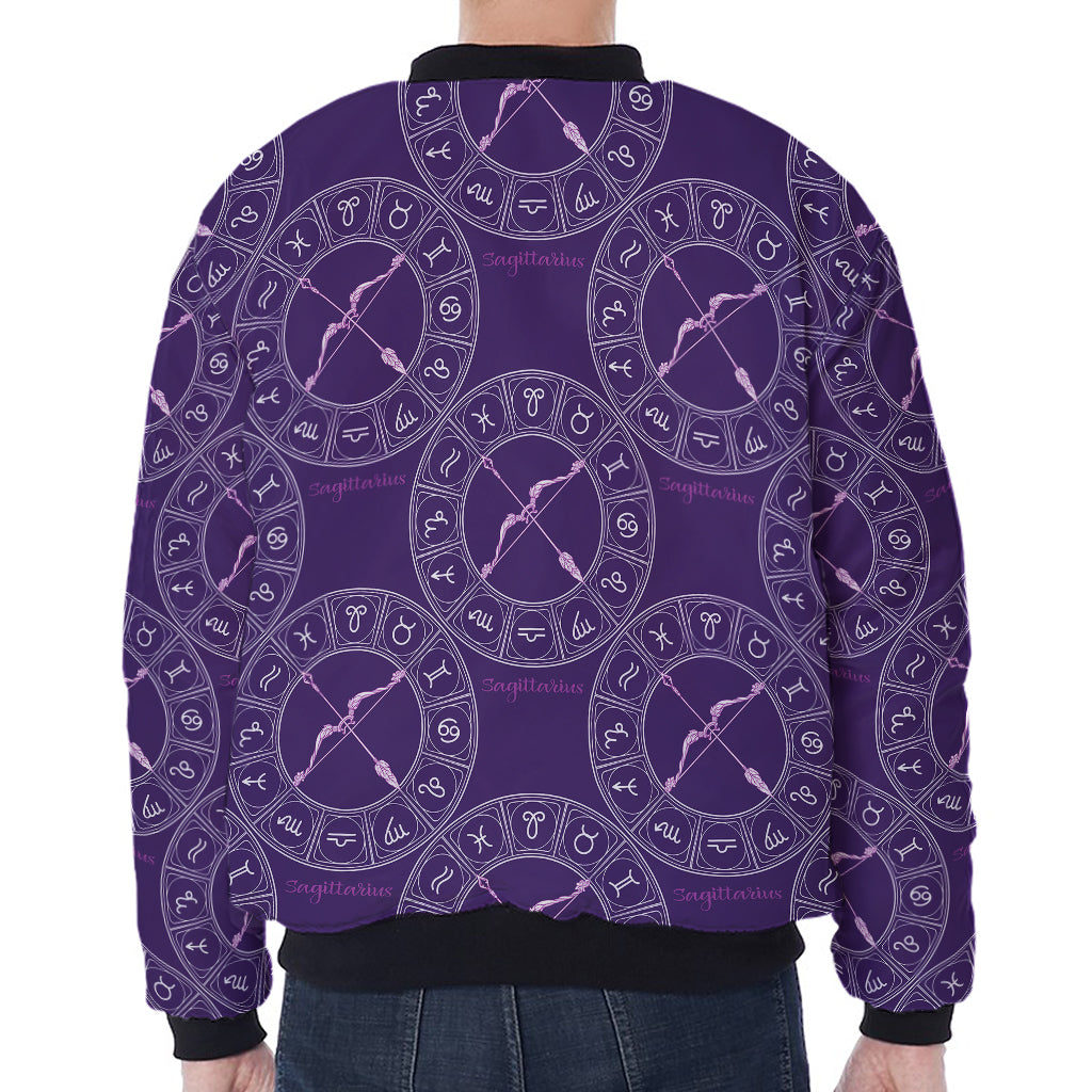 Purple Sagittarius Zodiac Pattern Print Zip Sleeve Bomber Jacket