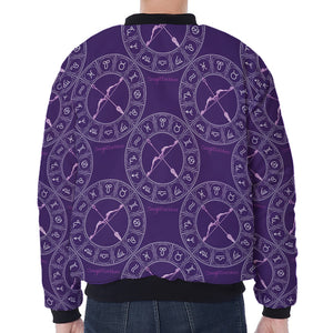 Purple Sagittarius Zodiac Pattern Print Zip Sleeve Bomber Jacket