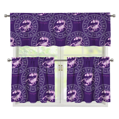 Purple Scorpio Zodiac Pattern Print 3 Piece Kitchen Curtains